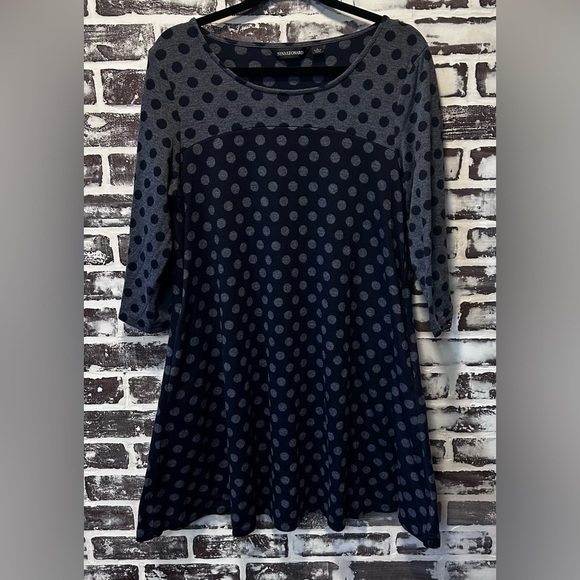 Nina Leonard Playful Classic Navy & Grey Polka Dot Mini Dress Size L - Picture 3 of 8